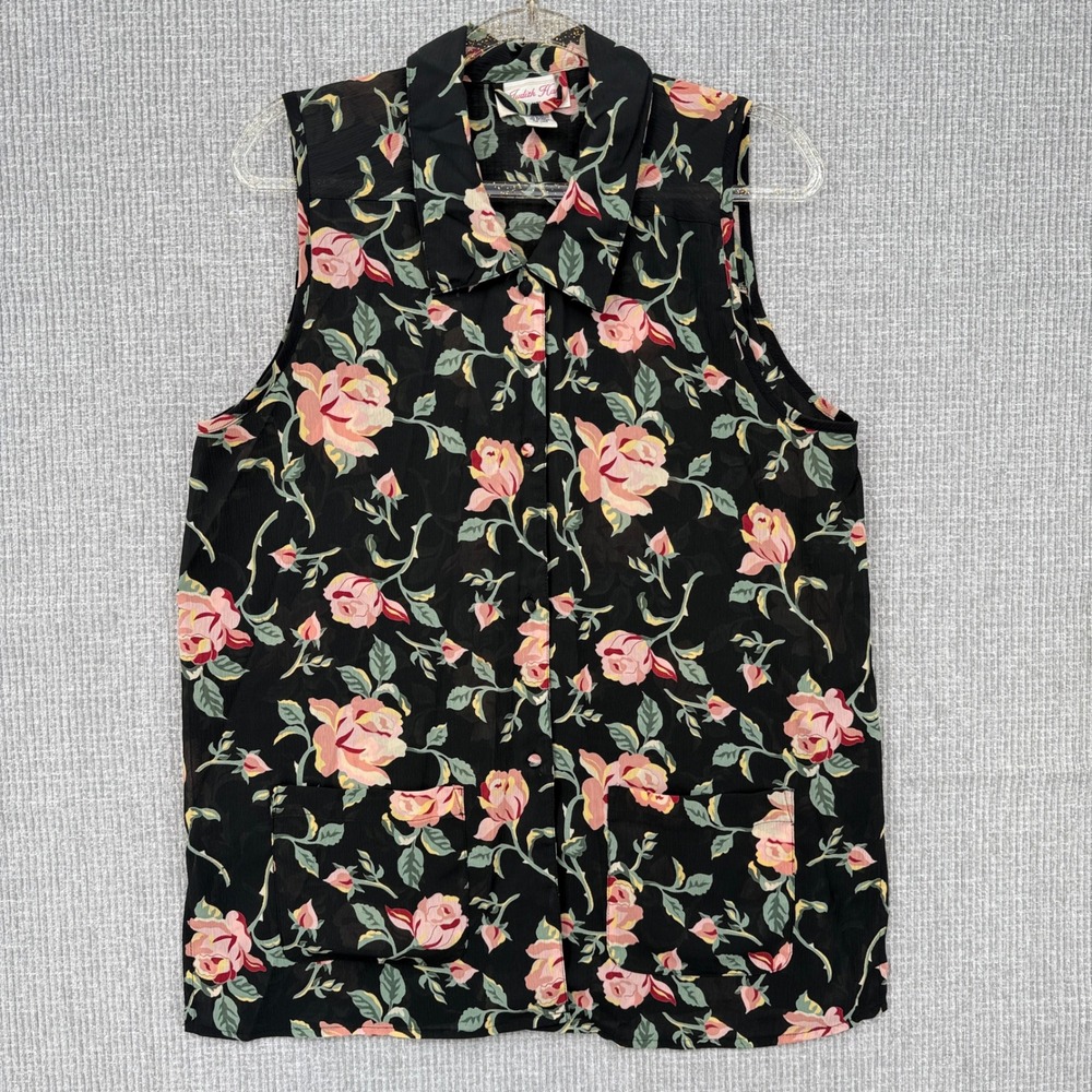 Vtg Judith Hart Floral Sleeveless Button Top Black Pink Roses Sz  L‎ Cottage Y2K